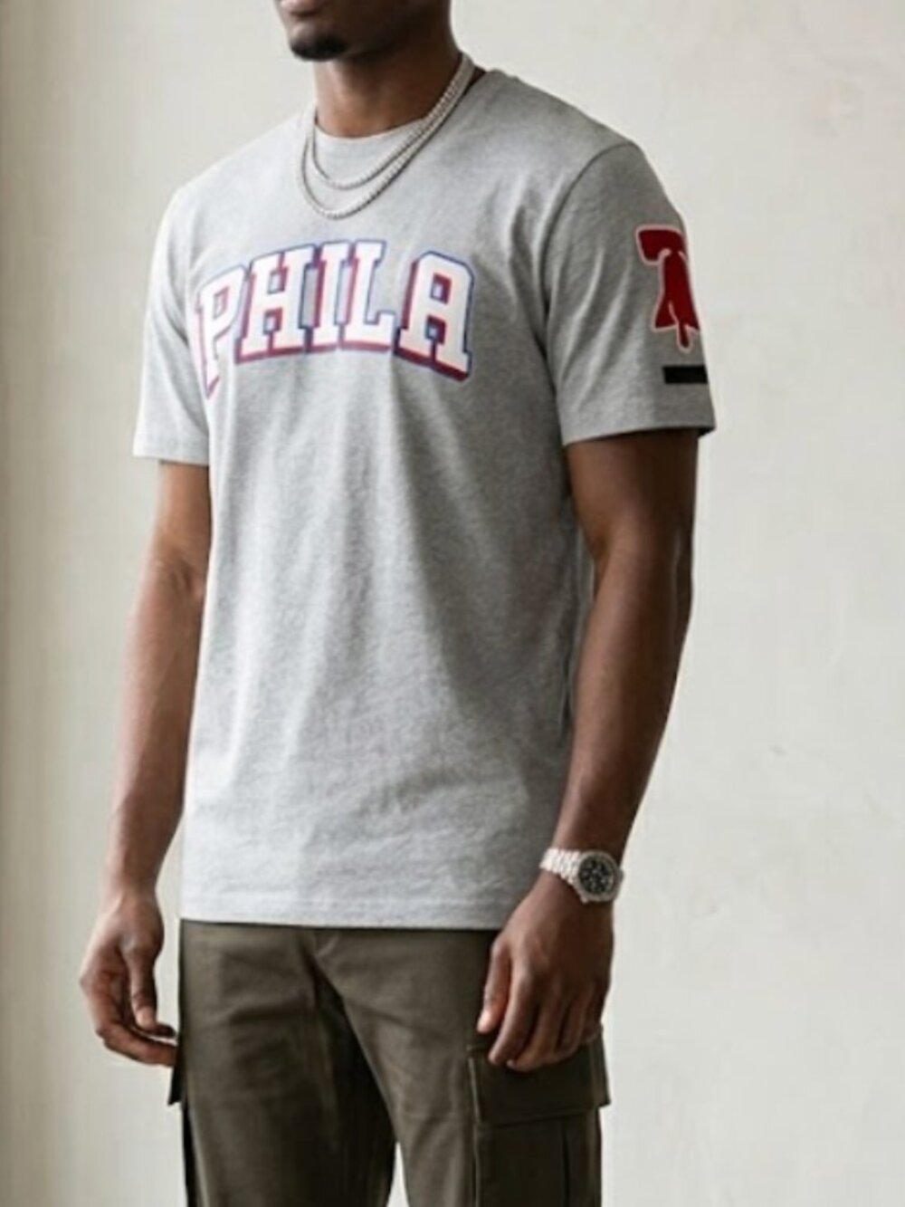 NEW Philadelphia 76ers Tackle Twill SJ Basketball Grey Tee SZ L